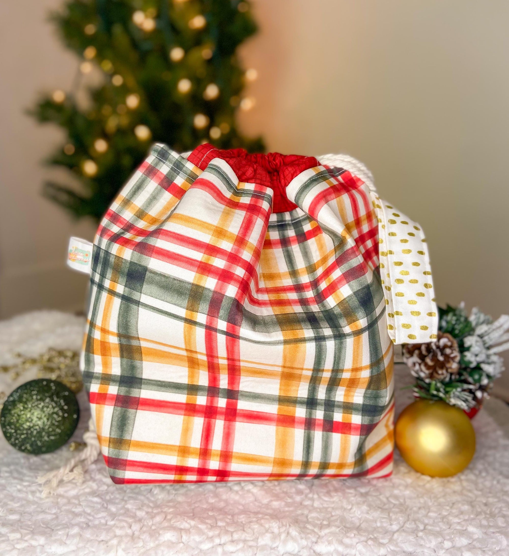 Vintage Christmas Drawstring Project Bag with Pocket